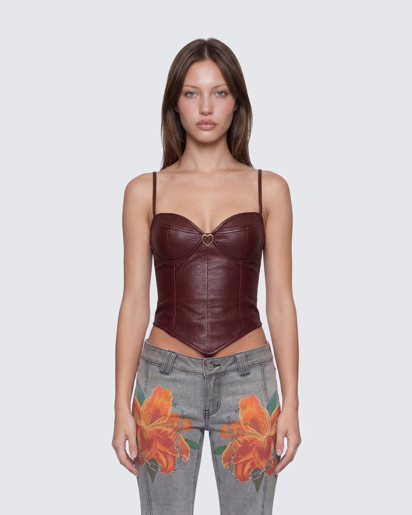 Sway Burgundy Leather Look Gold Trim Corset Top