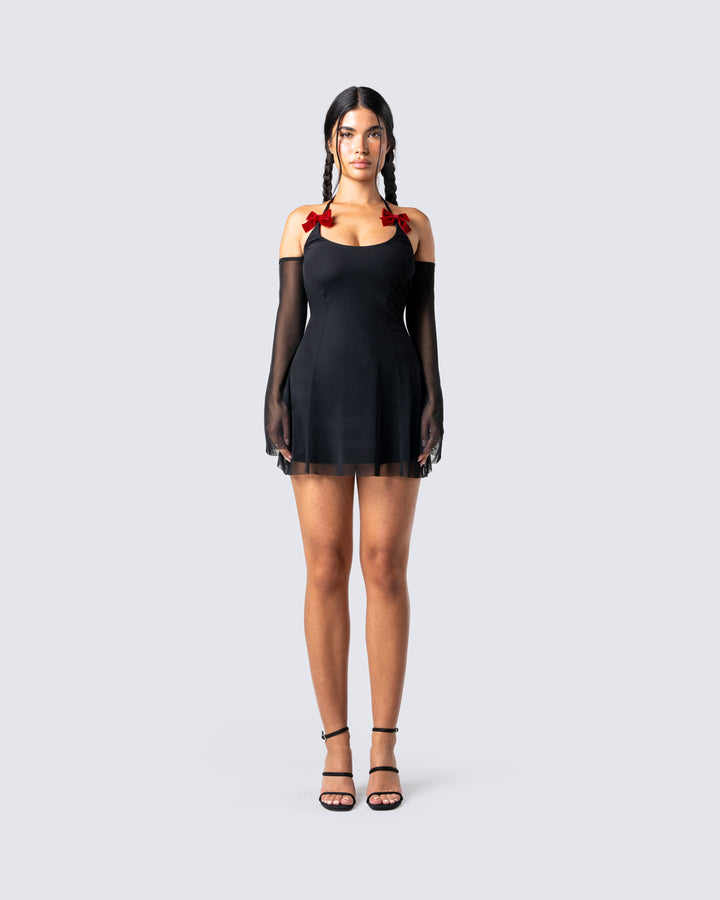 Women's black mini dress close-up detail – FINESSE