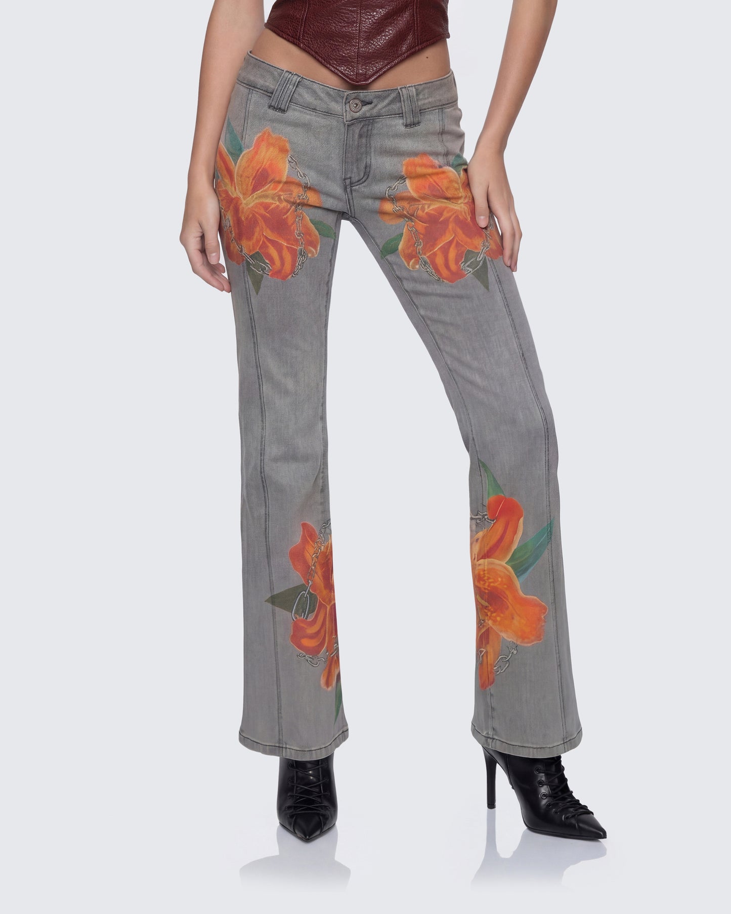 Jojo Grey Denim Flower Painted Jeans