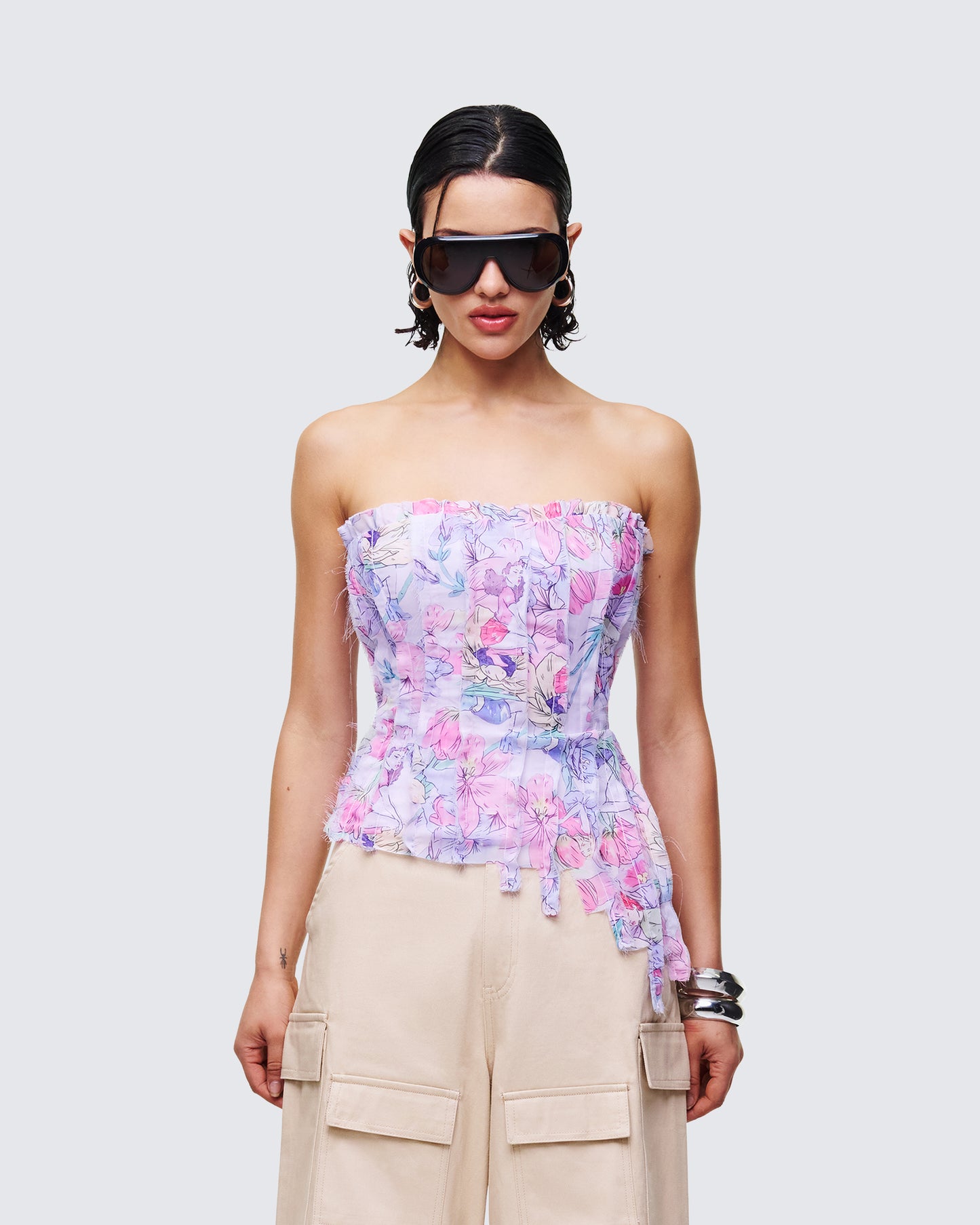 Claudette Lilac Printed Chiffon Corset Top model front