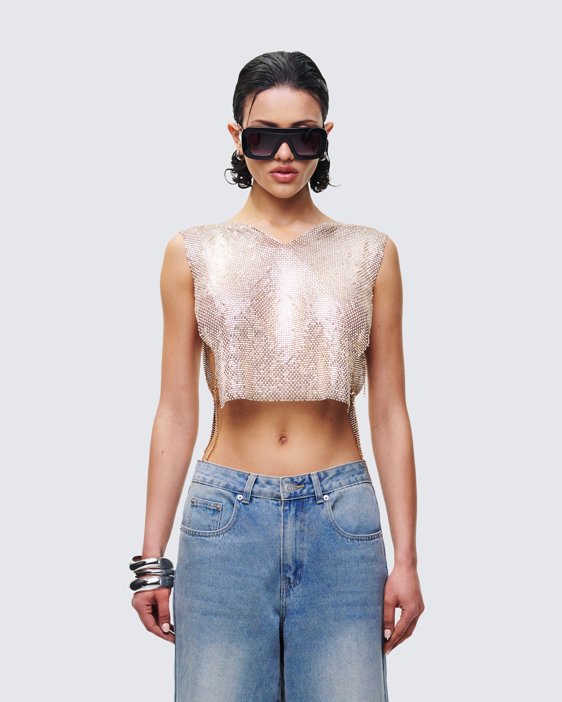 Fayla Gold Chainmail Square Top model front