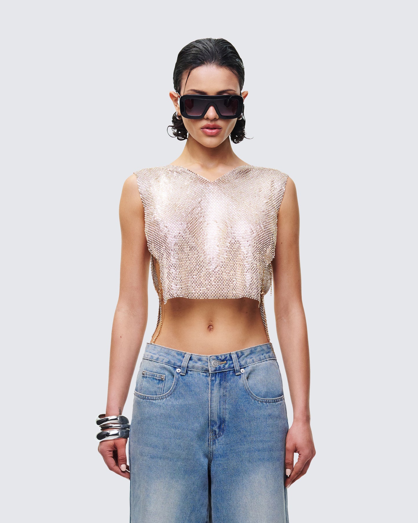 Fayla Gold Chainmail Square Top model front