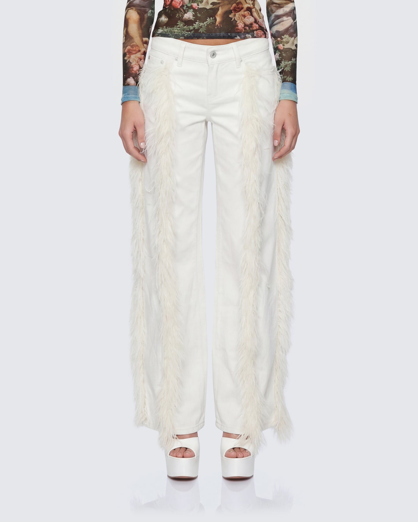 Flint Ivory Straight leg Jeans With Fur Trim