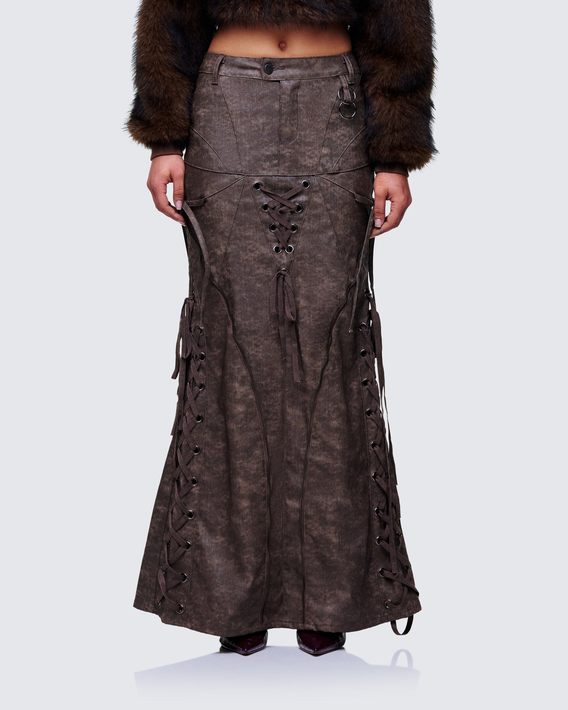 Hosea Brown Vegan Leather Maxi Skirt model front
