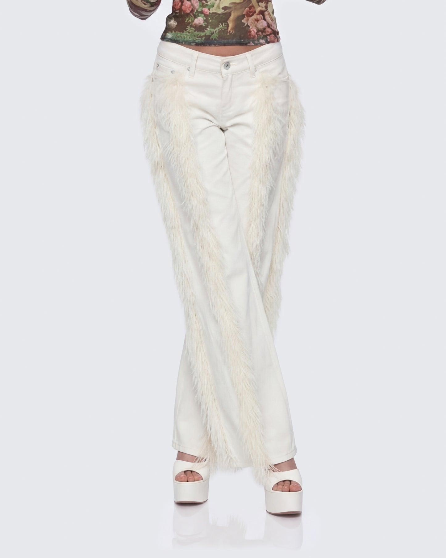 Flint Ivory Straight leg Jeans With Fur Trim