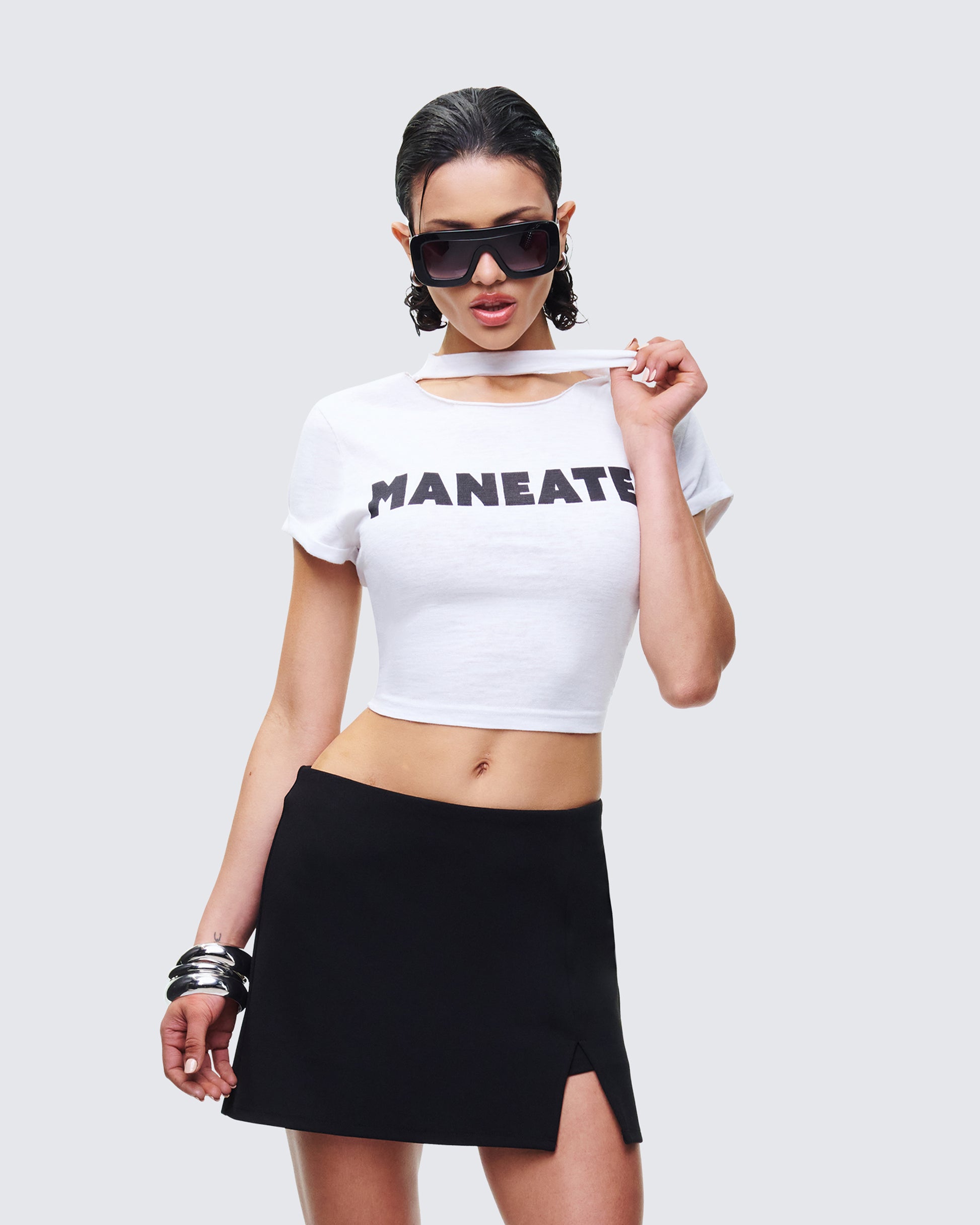 Women's white cotton top styled on model – FINESSE