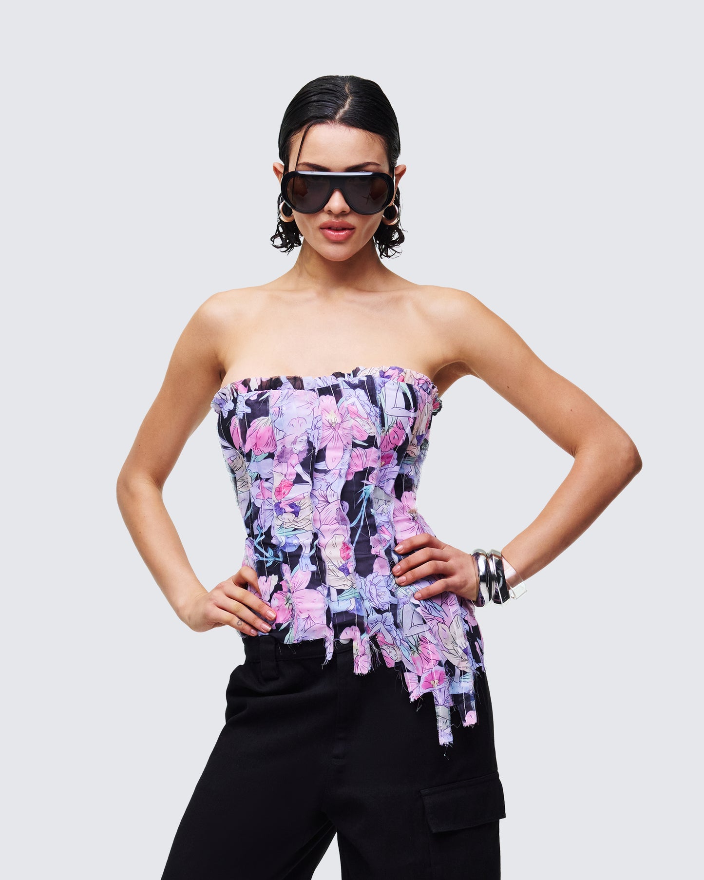 Women's black corset top styled on model – FINESSE