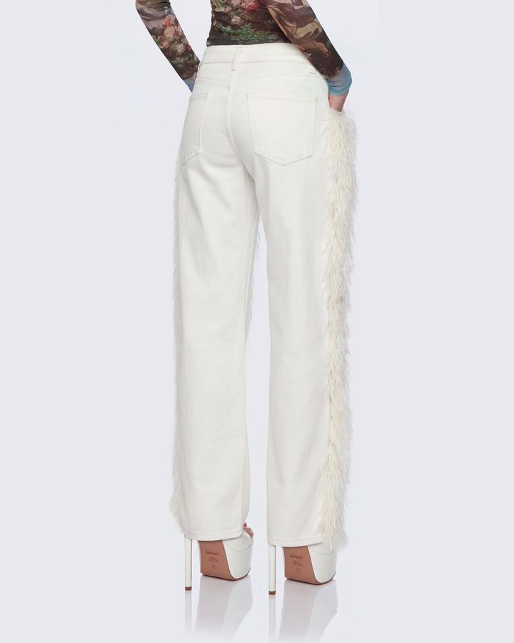 Flint Ivory Straight leg Jeans With Fur Trim