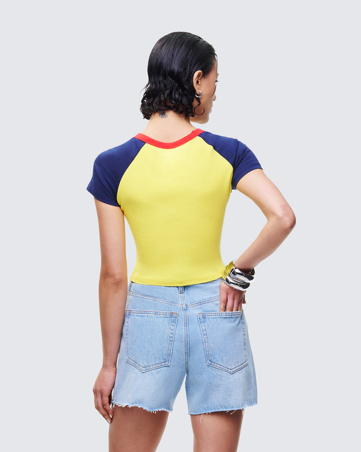 Women's yellow cotton top close-up detail – FINESSE
