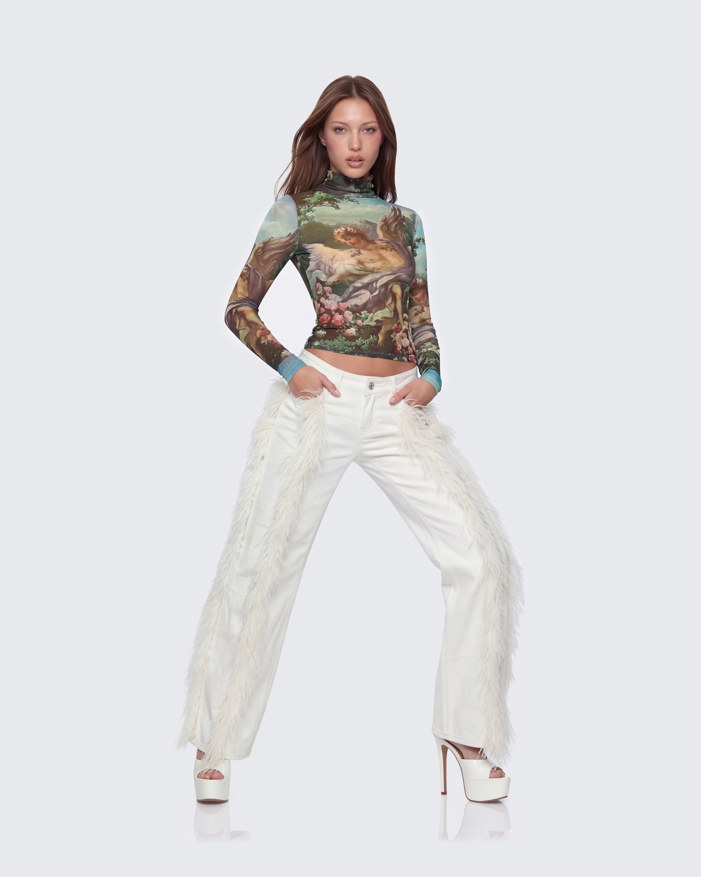 Flint Ivory Straight leg Jeans With Fur Trim