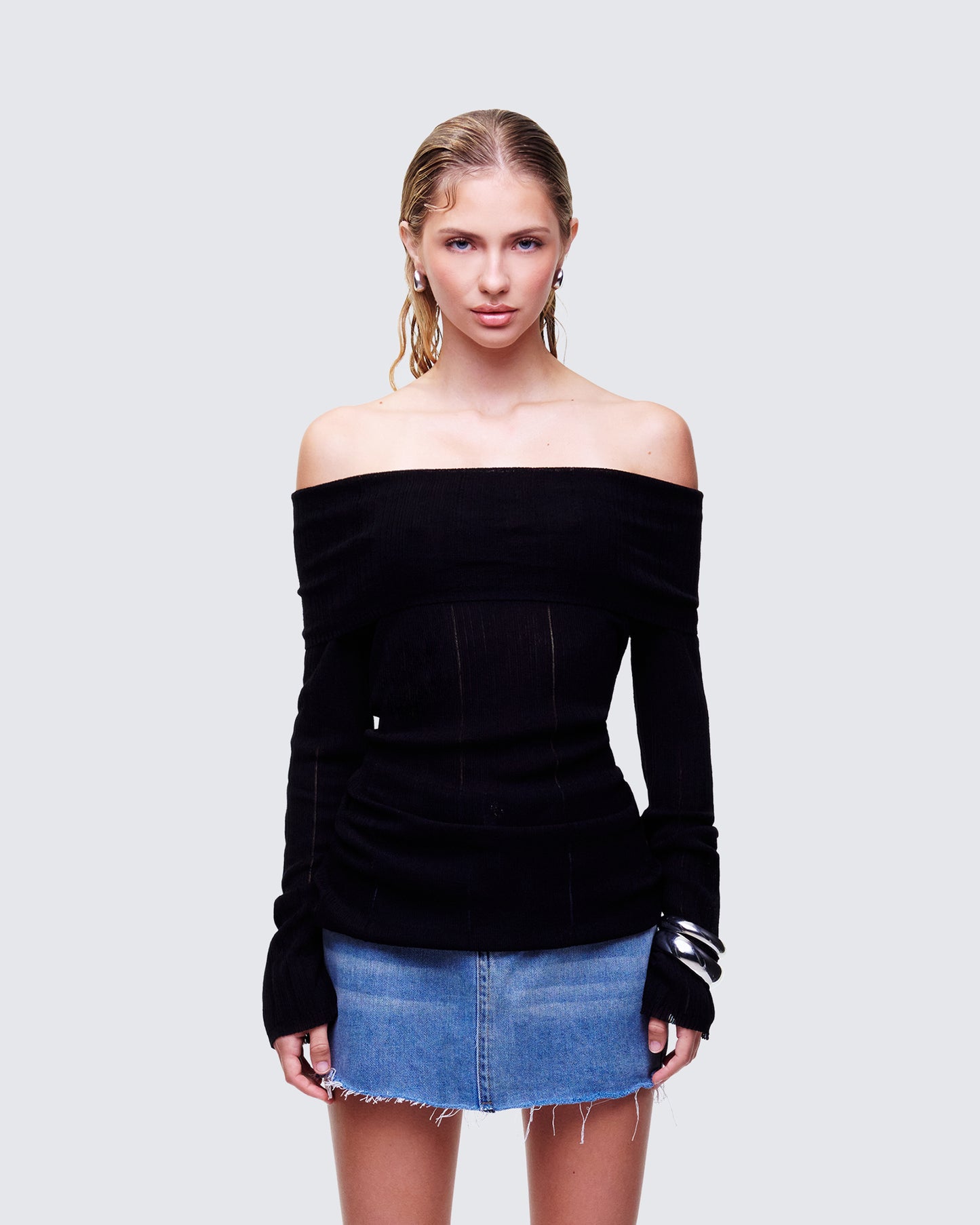 Arlina Black Fine Knit Top model front