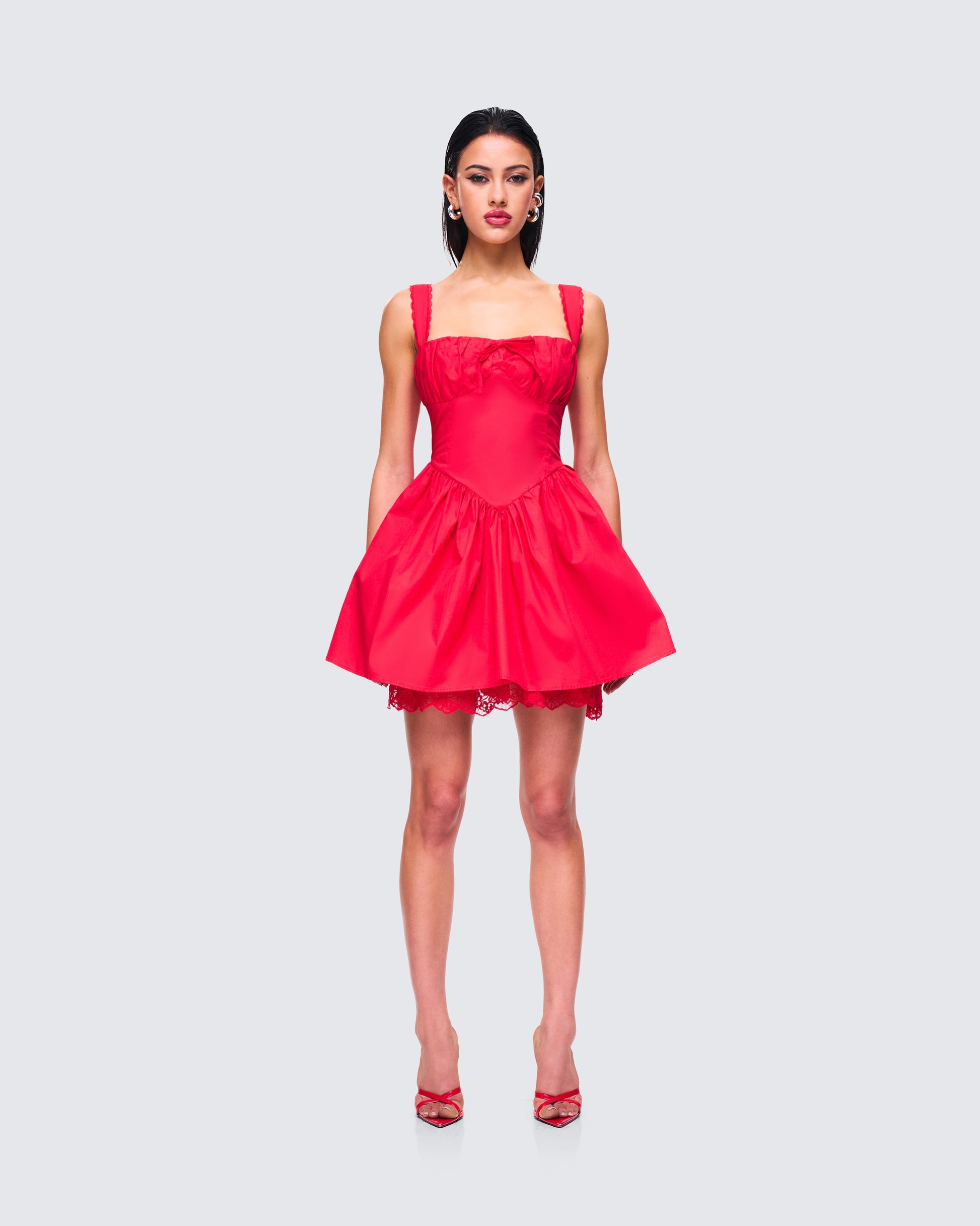 Women's red cotton mini dress close-up detail – FINESSE