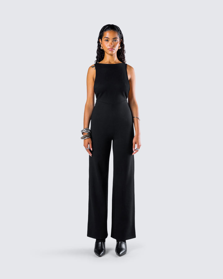 Women's black jumpsuit close-up detail – FINESSE