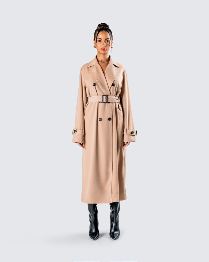 Women's tan coat close-up detail – FINESSE