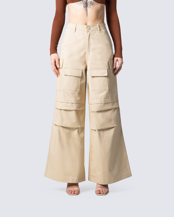 Women's tan cotton cargo pants close-up detail – FINESSE