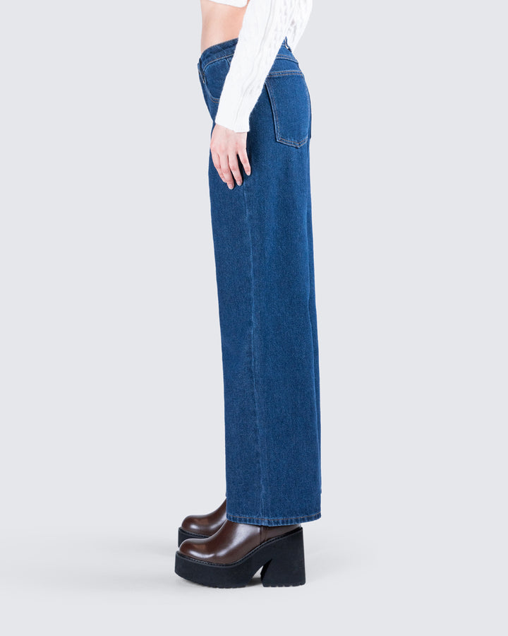 Women's blue cotton wide-leg pants close-up detail – FINESSE