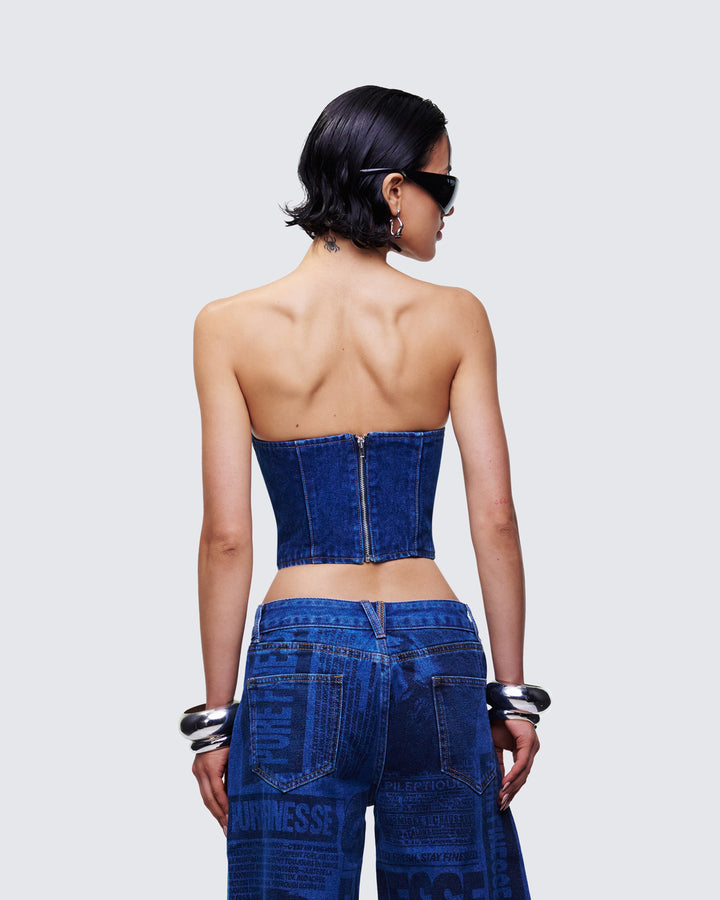 Women's blue cotton corset top close-up detail – FINESSE