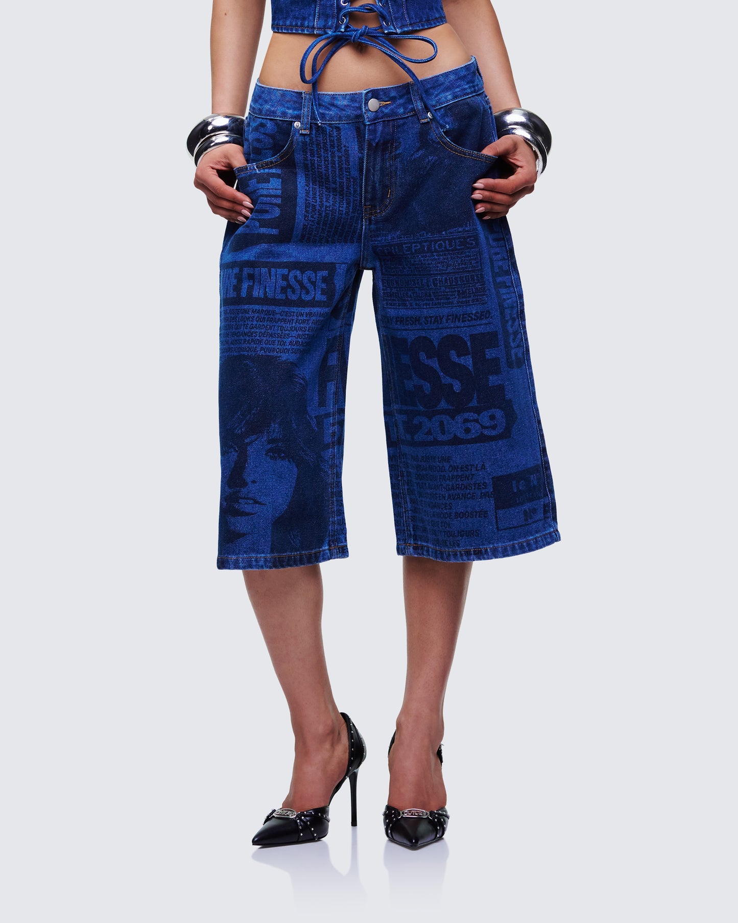 Women's blue cotton bottoms styled on model – FINESSE