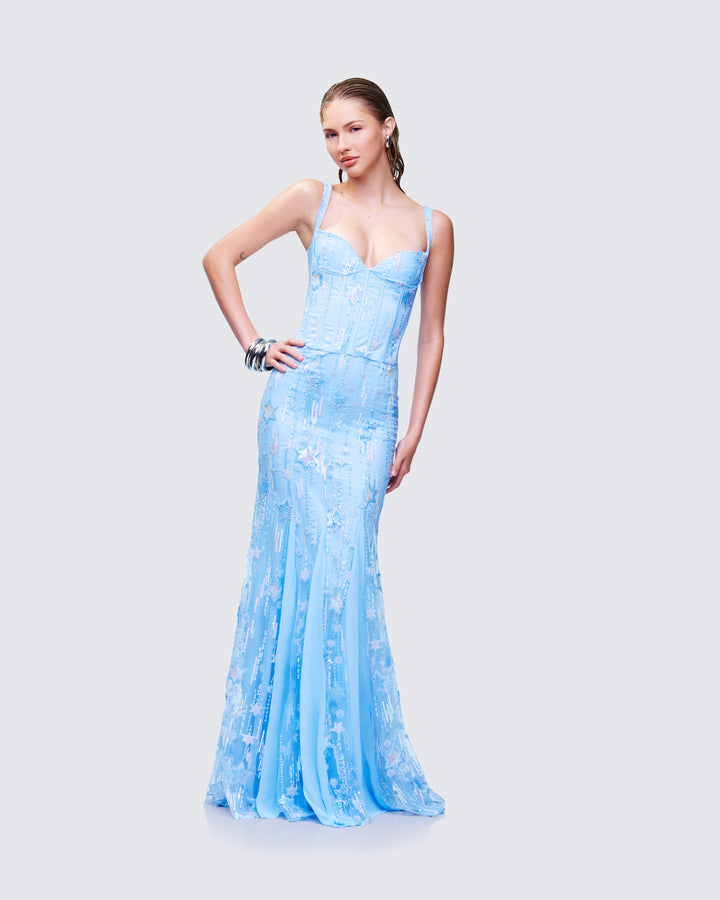 Women's blue maxi dress close-up detail – FINESSE