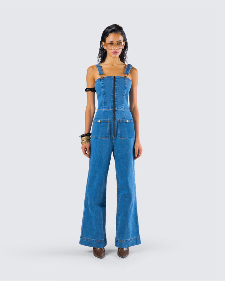Women's blue cotton jumpsuits & rompers close-up detail – FINESSE