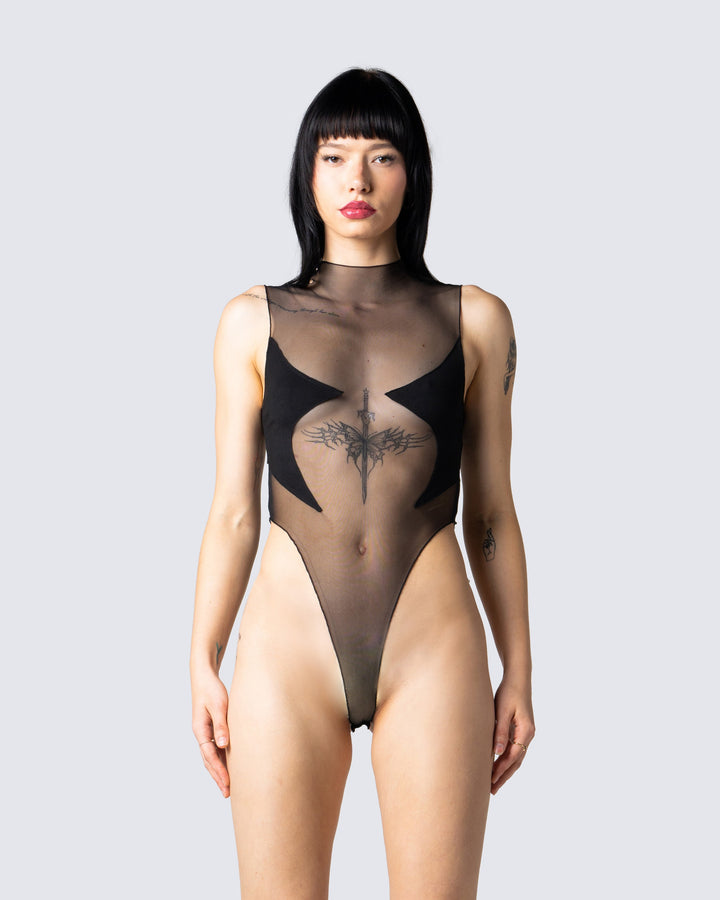 Women's black bodysuit close-up detail – FINESSE