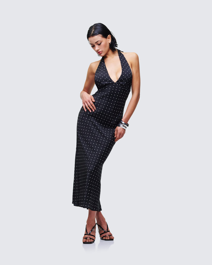 Women's black midi dress close-up detail – FINESSE