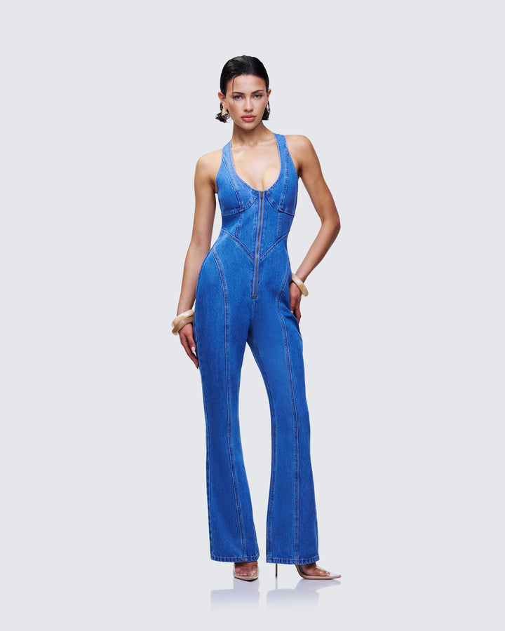 Women's blue cotton jumpsuit close-up detail – FINESSE