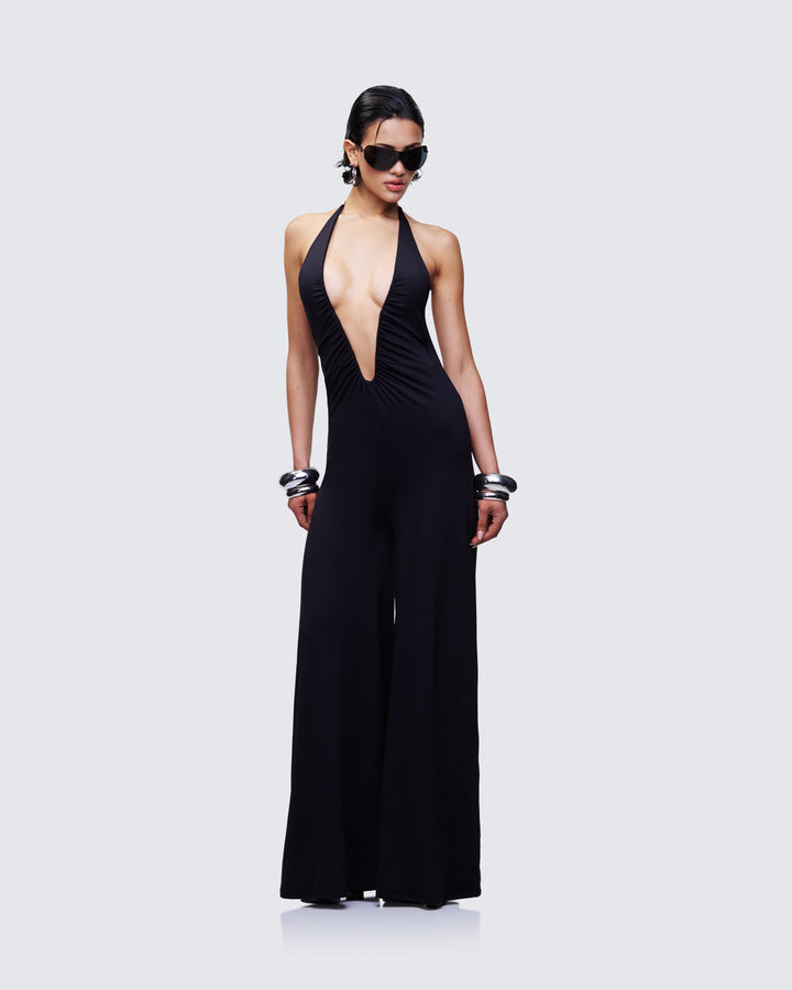 Women's black jumpsuit close-up detail – FINESSE