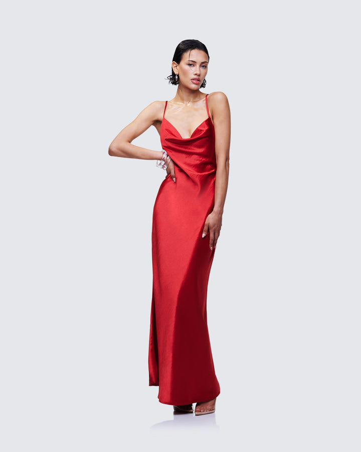Women's red maxi dress close-up detail – FINESSE
