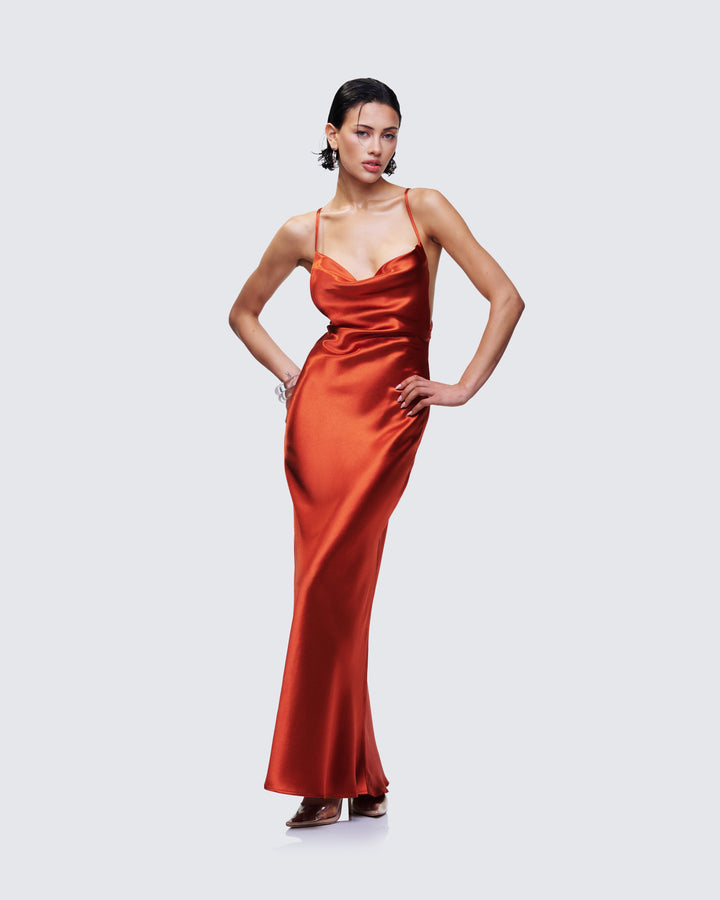 Women's orange maxi dress close-up detail – FINESSE