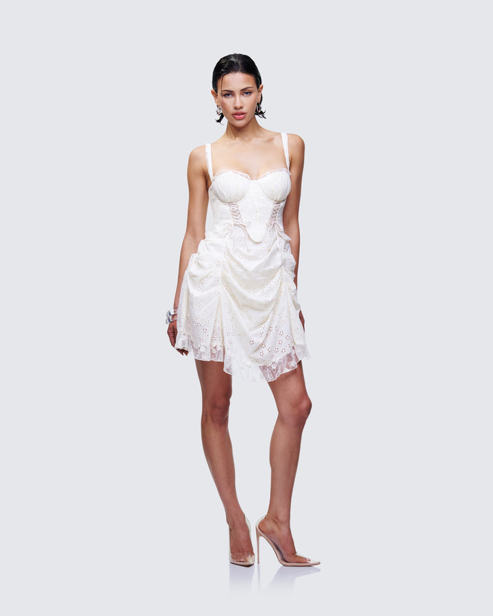 Women's ivory cotton mini dress close-up detail – FINESSE