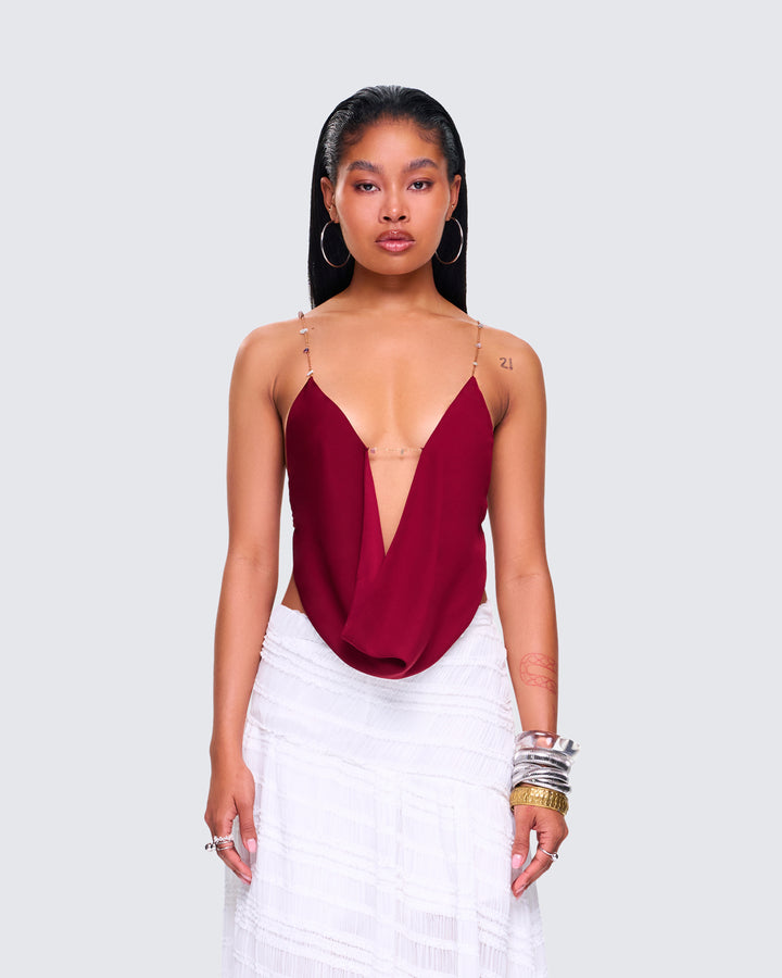 Women's burgundy top close-up detail – FINESSE