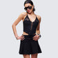 Women's black corset top styled on model – FINESSE