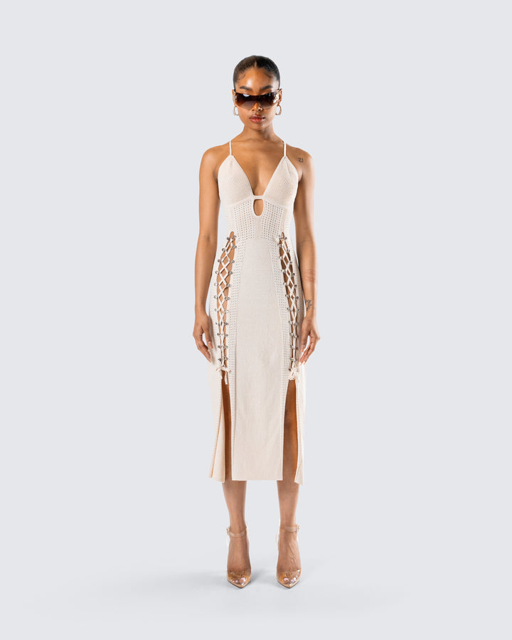 Women's ivory midi dress close-up detail – FINESSE