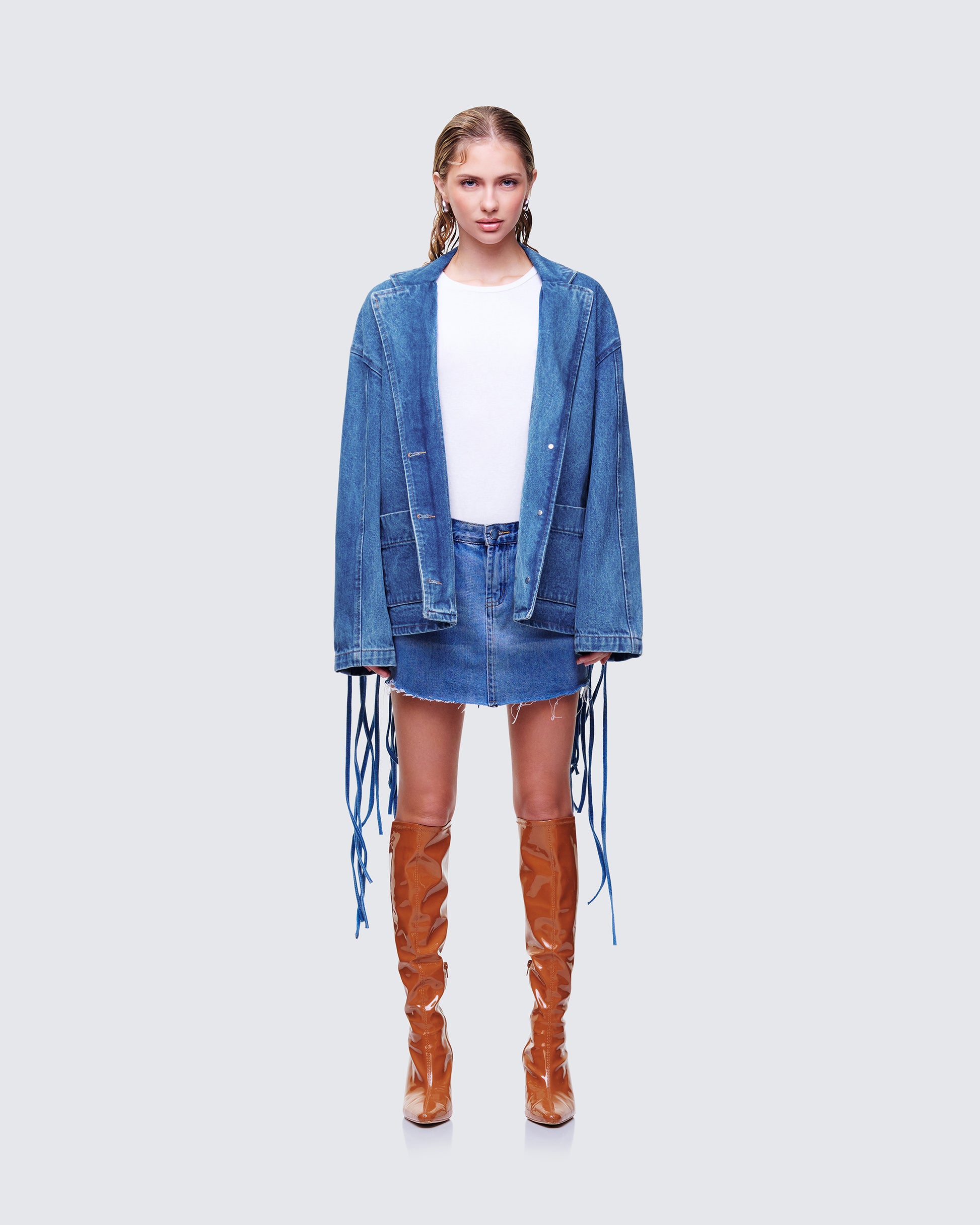 Kumi Blue Denim Macrame Jacket model front