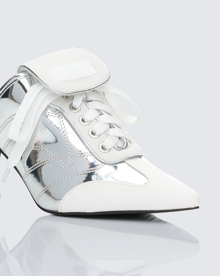 Women's silver mules close-up detail – FINESSE