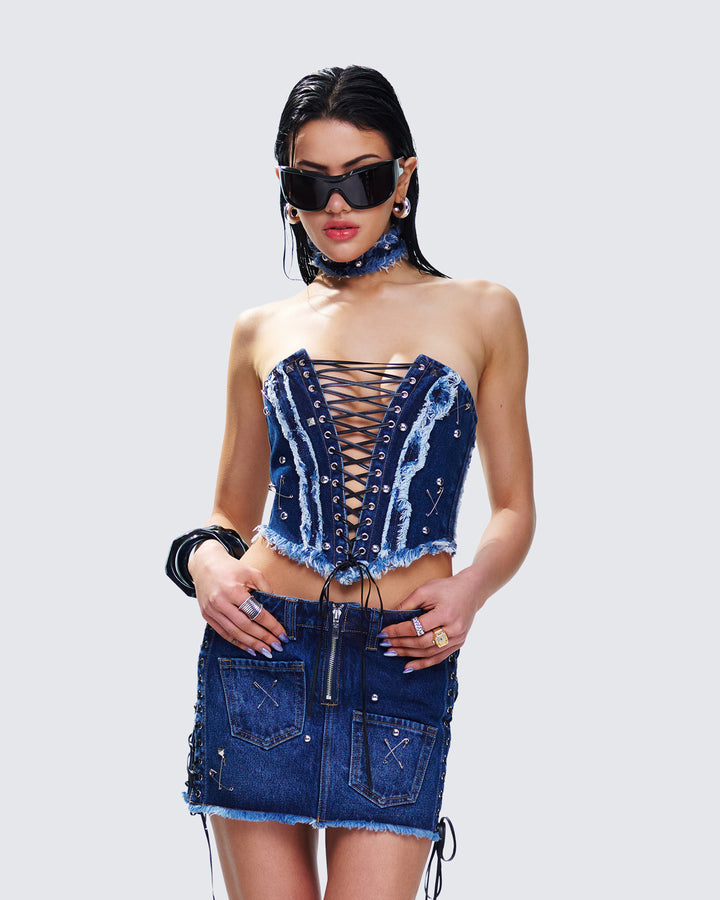 Women's blue cotton corset top close-up detail – FINESSE