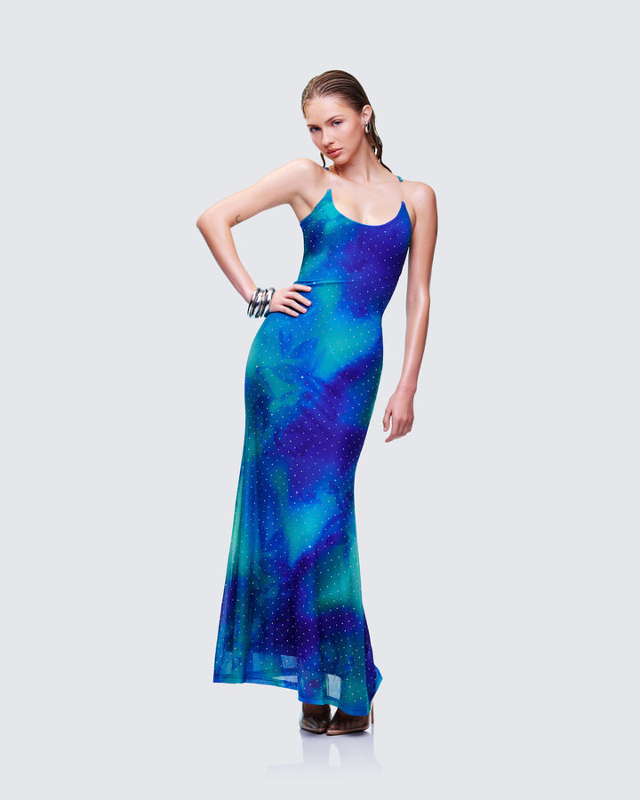 Women's blue maxi dress close-up detail – FINESSE