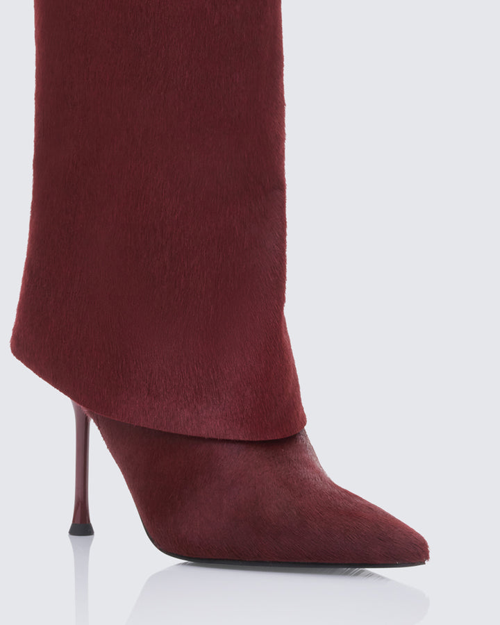 Women's burgundy leather boots close-up detail – FINESSE
