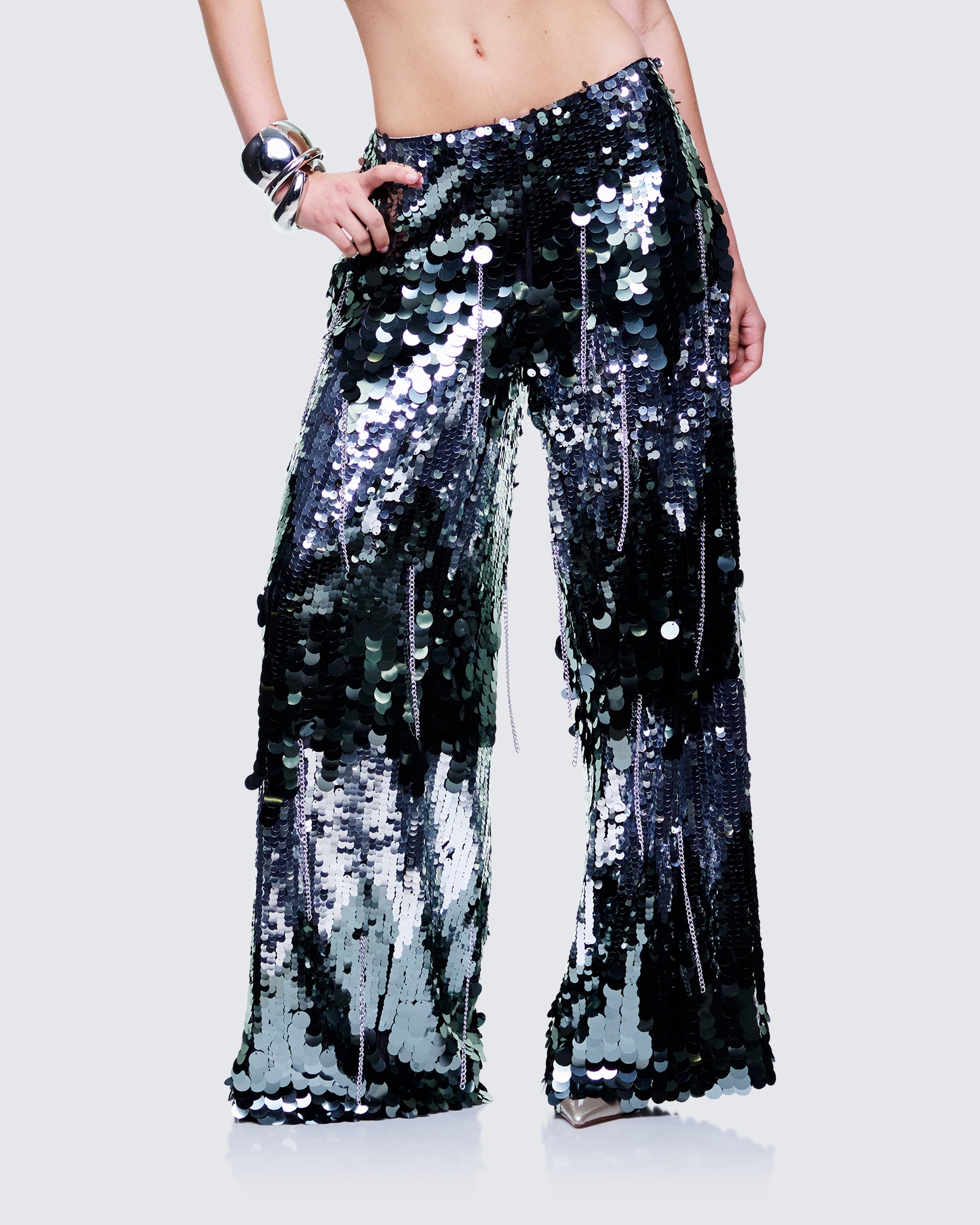 Women's silver pants styled on model – FINESSE