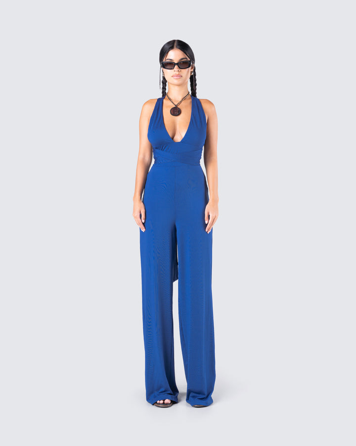 Women's blue jumpsuit close-up detail – FINESSE