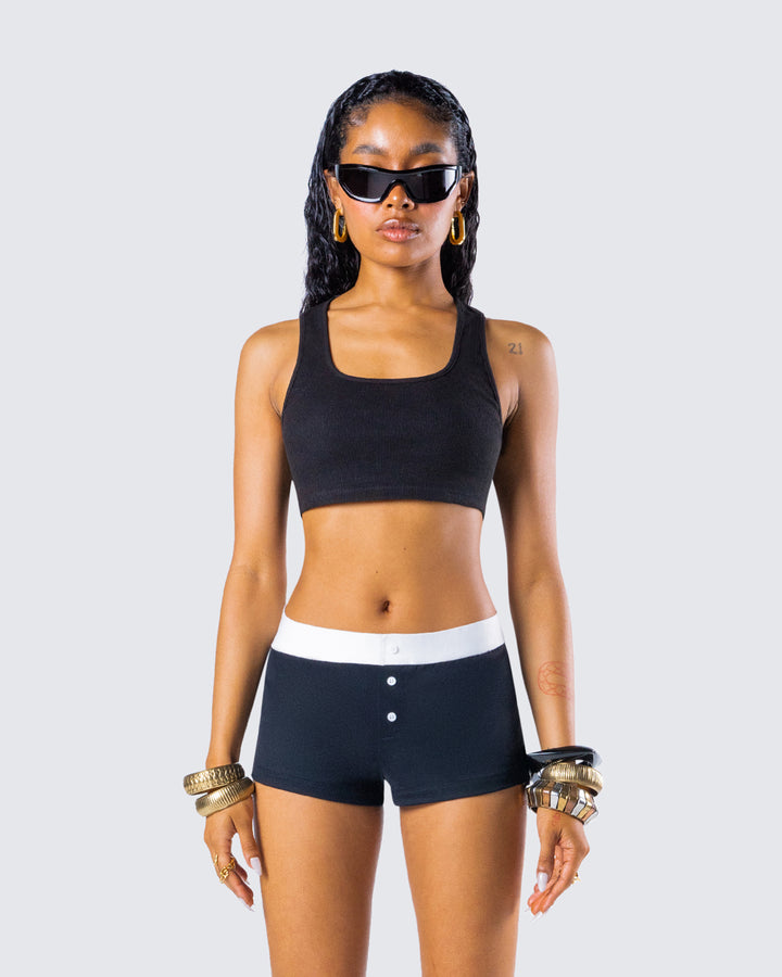 Women's black cotton tank top close-up detail – FINESSE