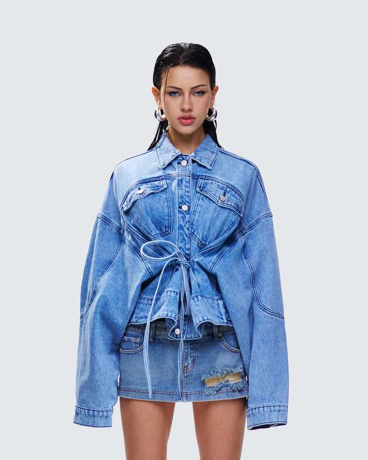 Women's blue cotton jacket close-up detail – FINESSE